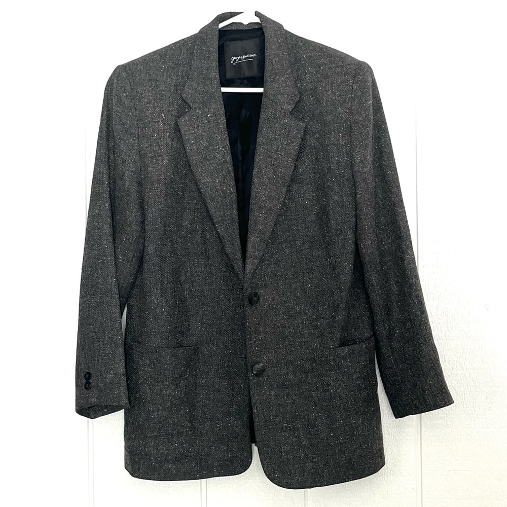Vintage Georges Marciano Blazer Oversized Dark Gray Wool Silk Fur Blend Size 10